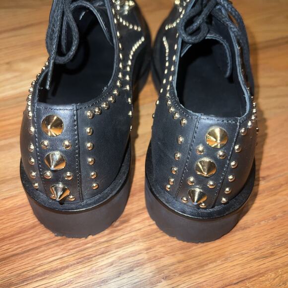 TWINSET Black Leather Gold Studded Low Combat Boots Lace Up Oxfords Size 38 7.5 - Picture 3 of 8